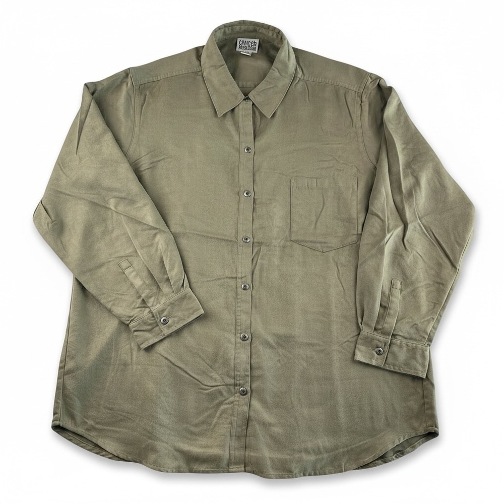 Chicos Design Olive Green Faux Suede‎ Button Down Shirt Long Sleeve Size 3 L XL